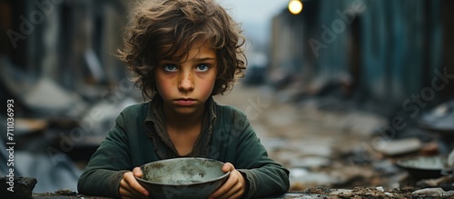 Hungry palestine poor boy with beautiful eyes kid with an empty plate. Holding empty plate in his hands photo