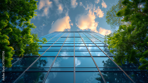 Eco-friendly building in the modern city. Sustainable glass office building with tree for reducing carbon dioxide. Office building with green environment. 