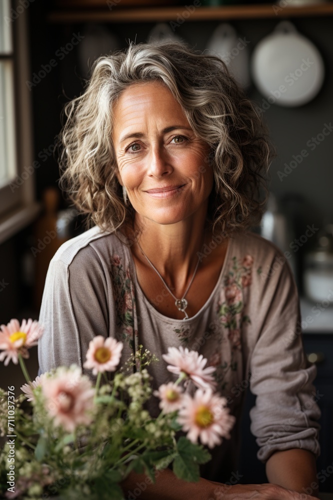 Portrait of a smiling middle-aged woman with gray hair and flowers Portrait of a smiling middle-aged woman with gray hair and flowers