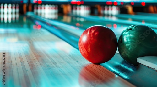 Close-up of a red and green bowling ball in a bowling alley