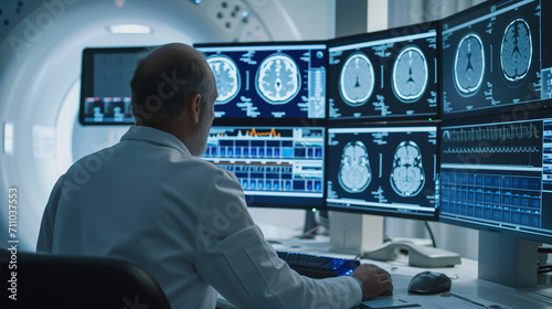 In the MRI control room, a doctor's expertise ensures accurate brain scan interpretations