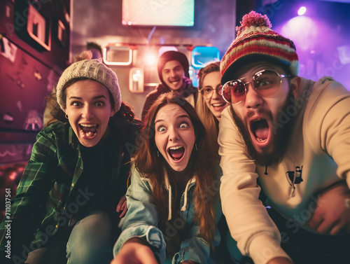 Group of young people having fun in a nightclub. Friends having fun together.