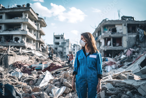 nurse rescuer stands and looks at the camera behind a destroyed building photo