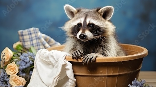 Curious Raccoon Peeking From a Wooden Tub with Flowers Generative AI