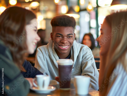 Group of friends having a coffee together in a cafe. Cheerful african american man smiling and drinking coffee.