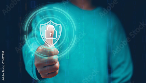 Businessmen protect personal digital information by biometric identity verification. Thumbs up with shield icon and padlock. Global network security technology. Data protection privacy.