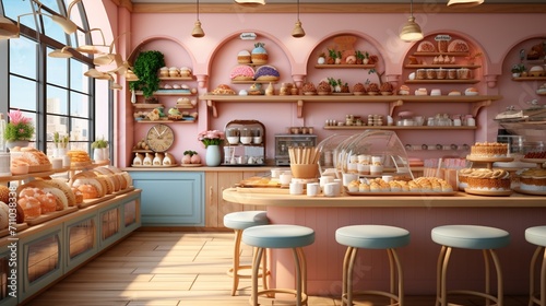 Pink bakery shop interior with cakes and pastries on display