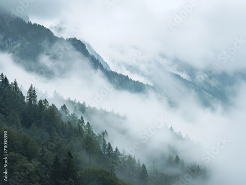 Foggy mountain landscape. Misty morning in the Carpathian mountains.