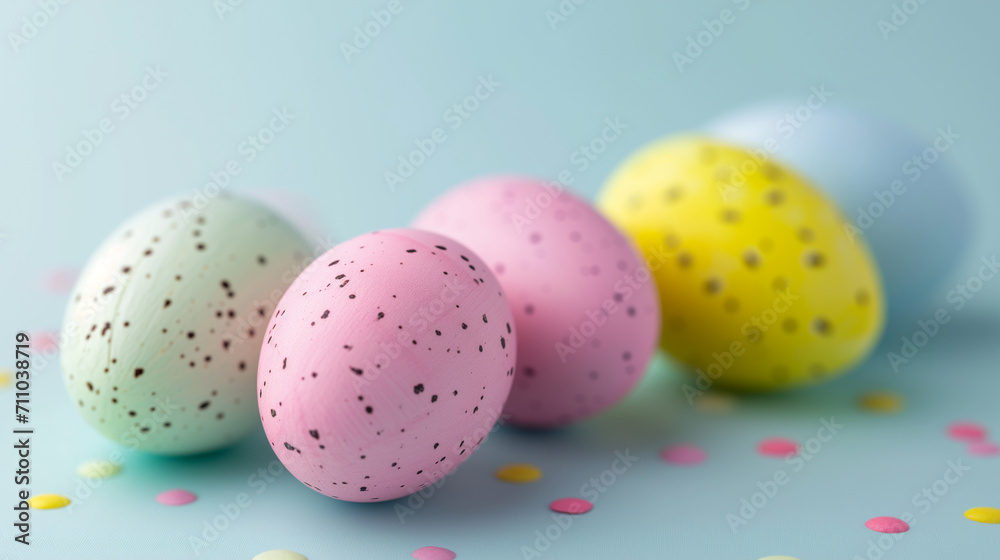 Colorful dyed dotted Easter eggs on bright pastel blue background
