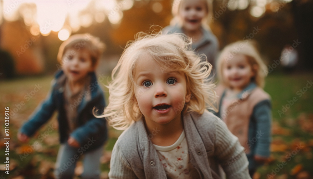Fototapeta premium Smiling children playing outdoors in autumn, enjoying nature cheerful embrace generated by AI
