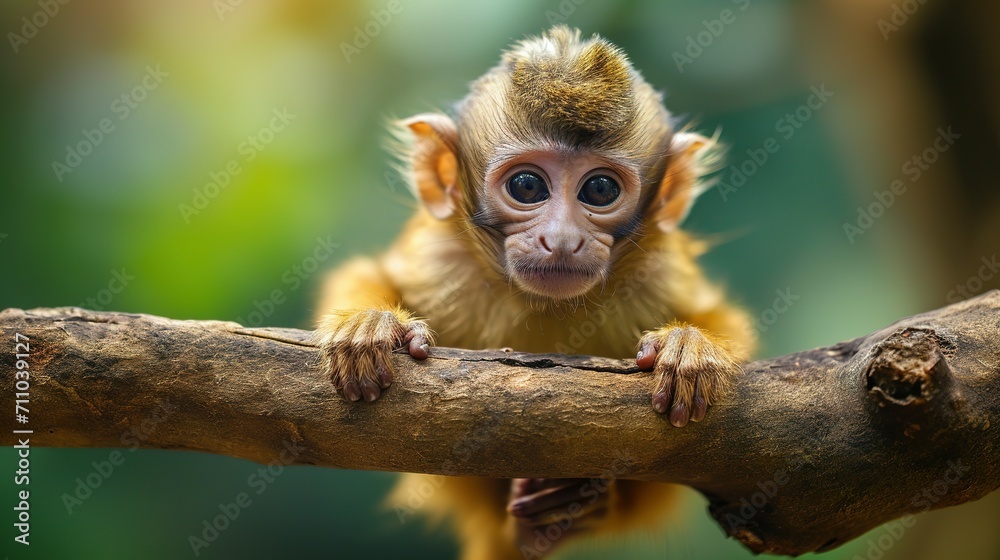 Fototapeta premium Cute small monkey sitting on branch, looking at camera generated by AI