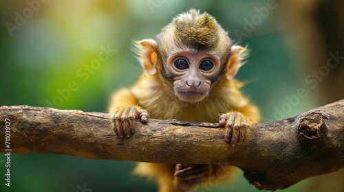 Cute small monkey sitting on branch, looking at camera generated by AI © Jennifer