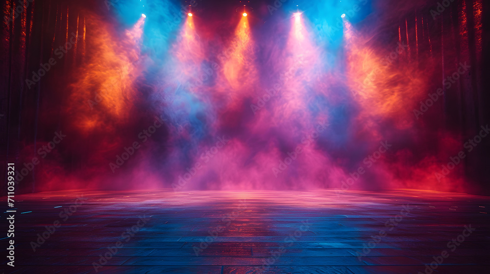 Modern dance stage light background with spotlight for modern dance production stage. Empty stage with dynamic color washes. 