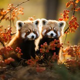 Two red pandas in a tree with red berries