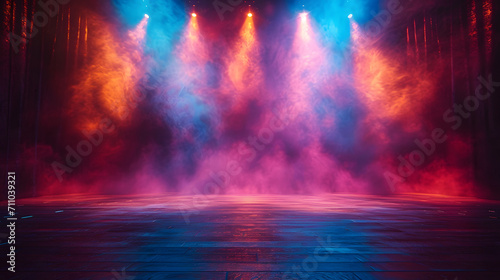 Modern dance stage light background with spotlight for modern dance production stage. Empty stage with dynamic color washes. 