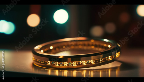 Shiny circle of jewelry, wedding ring, gold fashion, metal gemstone generated by AI