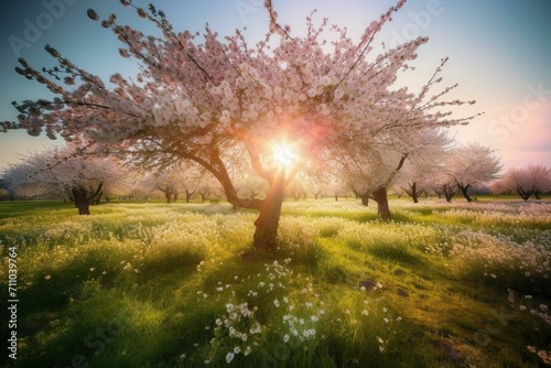 Vivid spring scenery with blossoming tree and sunlight. Colorful flowers adorn the orchard. Generative AI © Joseph