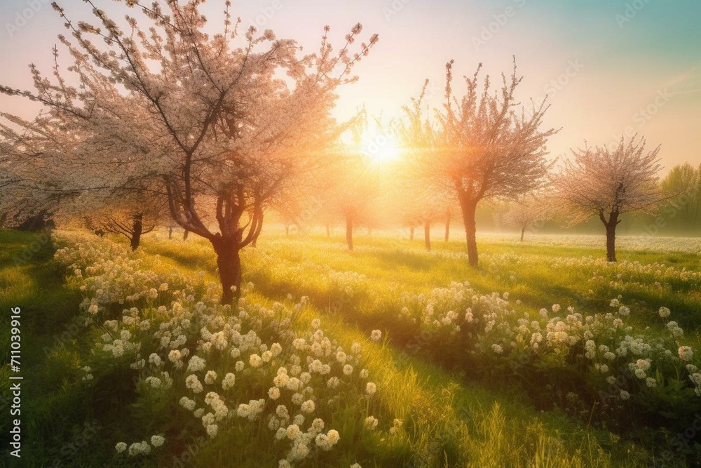 Vivid spring scenery with blossoming tree and sunlight. Colorful flowers adorn the orchard. Generative AI