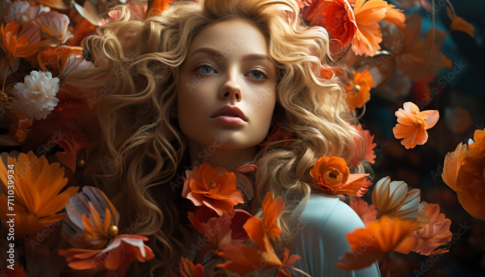 A beautiful young woman with blond hair in autumn nature generated by AI