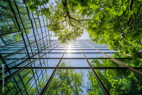 Eco-friendly building in the modern city. Sustainable glass office building with tree for reducing carbon dioxide. Office building with green environment. Corporate building reduce CO2.