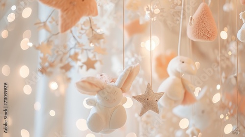 A dreamy mobile featuring soft toy stars and animal figurines, bathed in a warm, glowing light that creates a magical and soothing nursery atmosphere