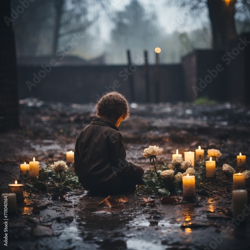 Sad child at a gravestone in a cemetery near a monument. Concept: grief from the loss of a loved one, burial and depression. 