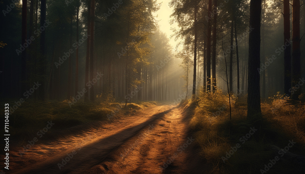 Naklejka premium Mysterious autumn forest, foggy path, sunlight reveals nature tranquil beauty generated by AI
