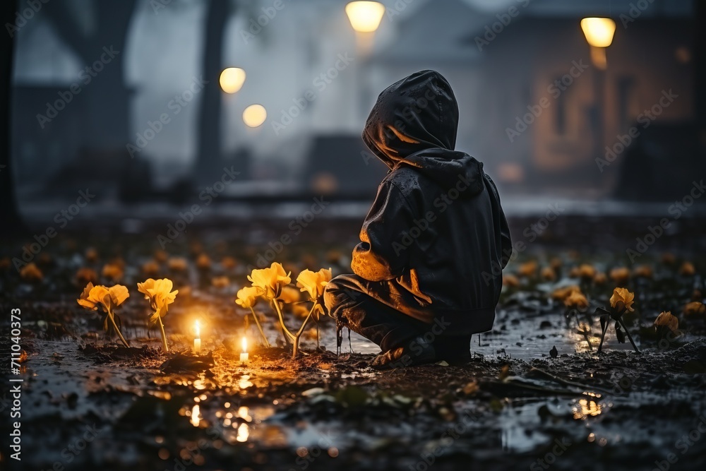 Sad child at a gravestone in a cemetery near a monument. Concept: grief from the loss of a loved one, burial and depression.
Sad child at a gravestone in a cemetery near a monument. Concept: grief from the loss of a loved one, burial and depression.