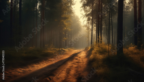 Mysterious autumn forest  foggy path  sunlight reveals nature tranquil beauty generated by AI