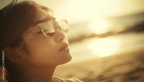 A young woman enjoying the sunset, looking away with elegance generated by AI