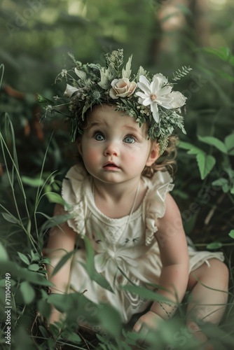 Wallpaper Mural Toddler in a floral crown gazing in a lush forest.  Enchanted Forest Baby Portrait Torontodigital.ca