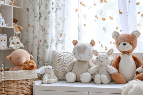 A charming array of crochet animal toys arranged on a window sill, creating a peaceful and inviting atmosphere in a child's room
