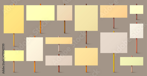 Blank colorful protest sign with wooden holder. Realistic vector demonstration banner. Strike action cardboard placard mockup