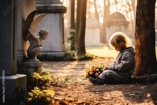 A child at a gravestone in a cemetery with a bouquet of flowers. Concept: grief from the loss of a loved one, burial and depression. 