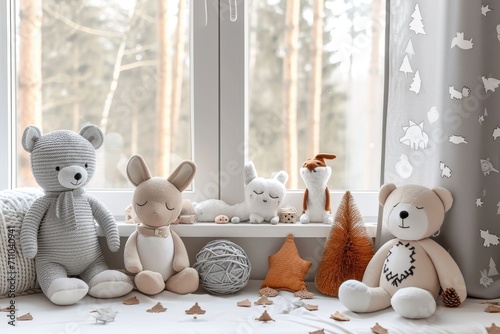 A charming array of crochet animal toys arranged on a window sill, creating a peaceful and inviting atmosphere in a child's room photo