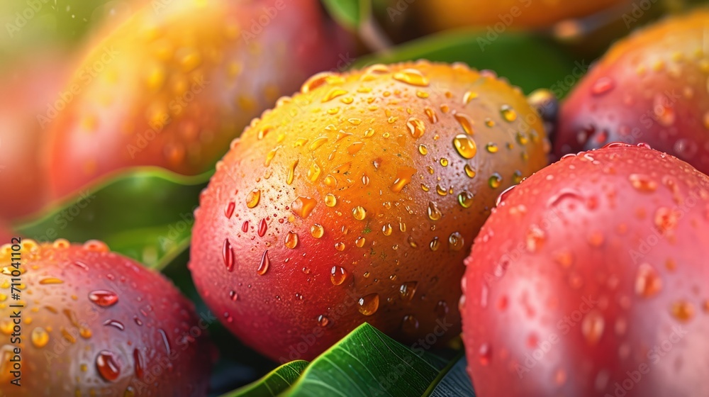 Fresh juicy mango with leaves and water drops. Healthy exotic fruits background