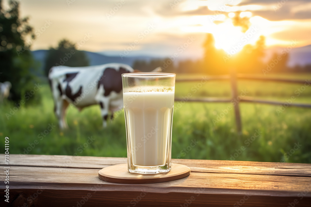 Fresh Farm Milk in a Glass with Grazing Cow and Sunrise Over Pasture, Dairy Farming and Healthy Food Concept Fresh Farm Milk in a Glass with Grazing Cow and Sunrise Over Pasture, Dairy Farming and Healthy Food Concept