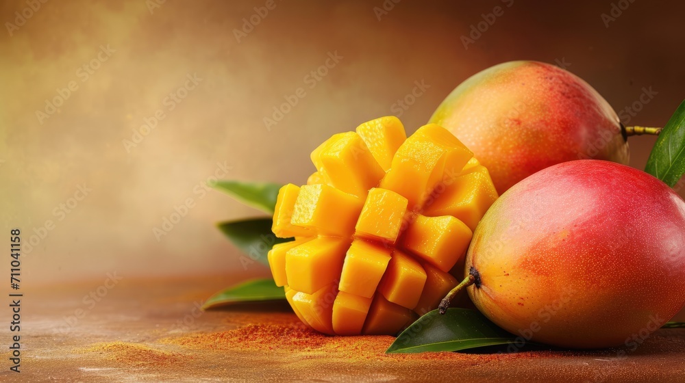 Fresh juicy mango with leaves and water drops. Healthy exotic fruits background Fresh juicy mango with leaves and water drops. Healthy exotic fruits background