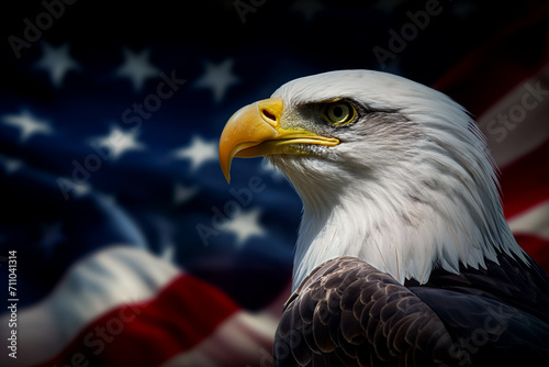 Close-up of a bald eagle with the American flag in the background