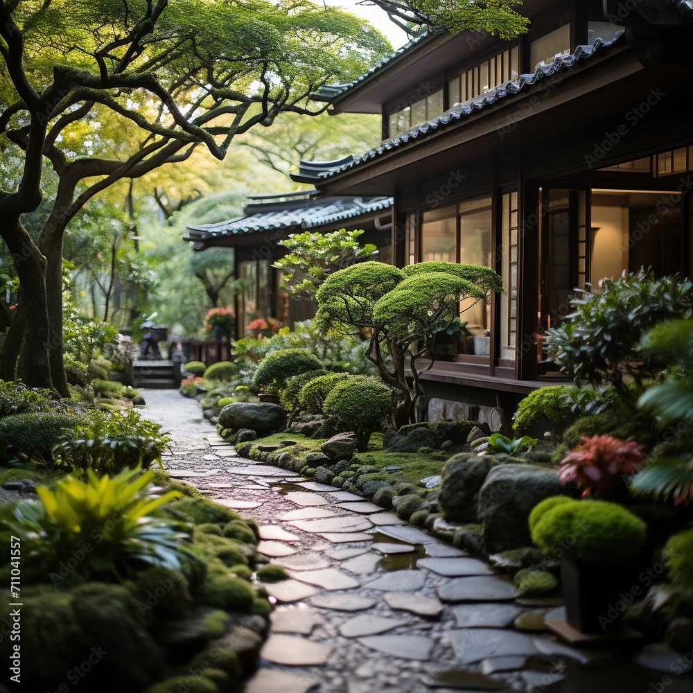 Japanese garden with stone path and traditional house