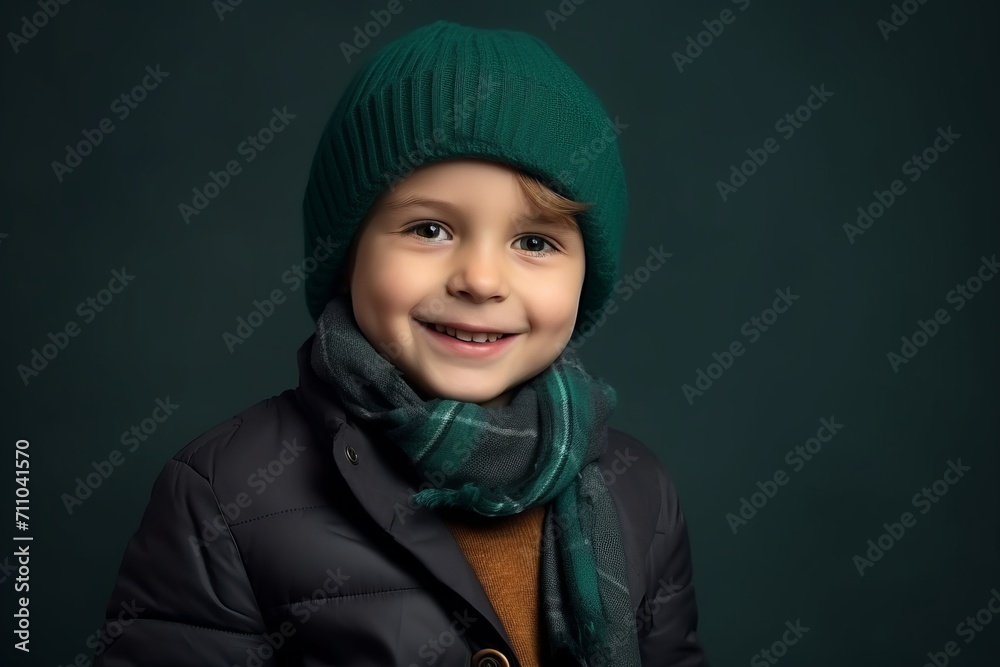 A portrait of a smiling little boy in a warm hat and scarf. A portrait of a smiling little boy in a warm hat and scarf.