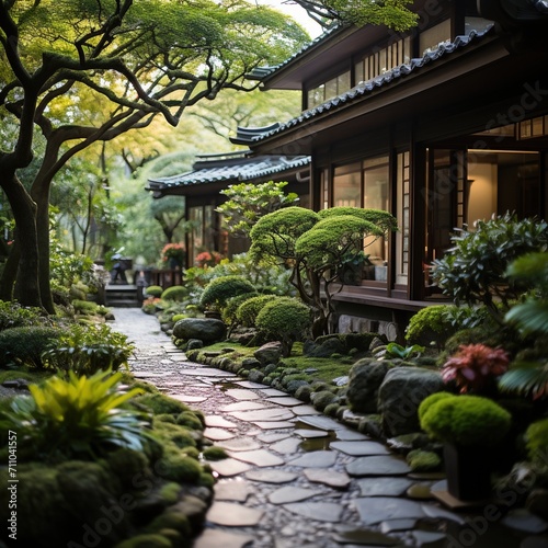 Japanese garden with stone path and traditional house © Adobe Contributor