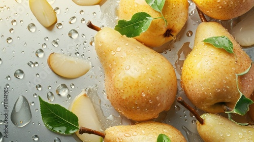 Fresh juicy pears with water drops. Healthy fruits background