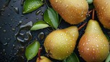 Fresh juicy pears with water drops. Healthy fruits background