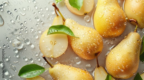 Fresh juicy pears with water drops. Healthy fruits background