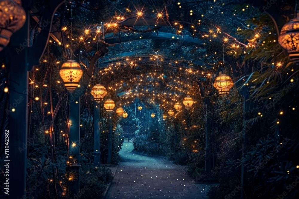 Golden Lanterns and Stars Adorning a Celestial Blue Archway