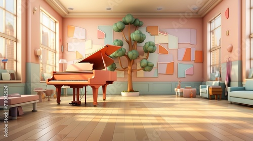3D rendering of a piano in a colorful room