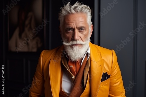 Portrait of a senior man with white beard in a yellow jacket.