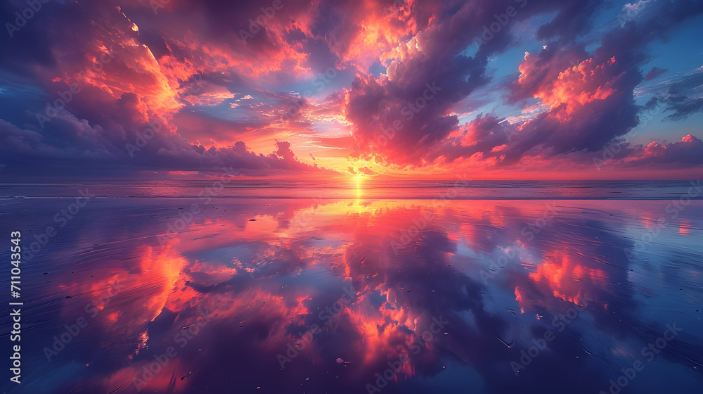 Fototapeta premium A stunning image of a sunset with clouds reflected on the sand 