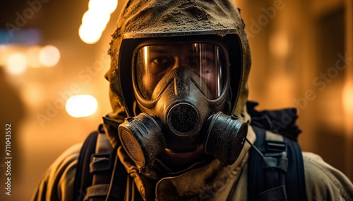One person in military workwear protects against danger and pollution generated by AI